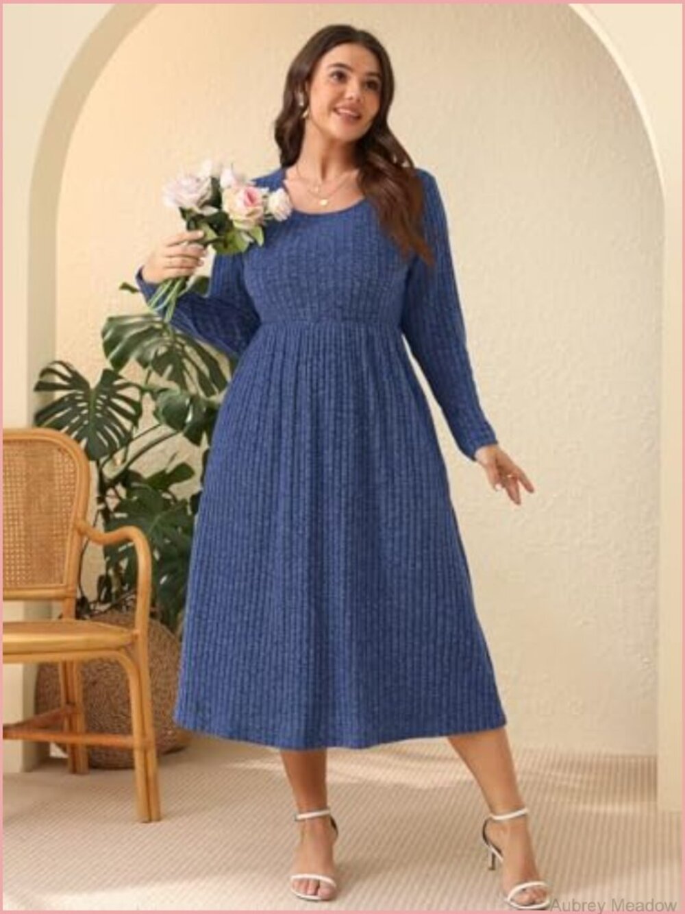 Plus Size Sweater Dress with Pockets Long Sleeve Midi Scoop Neck Casual - Picture 4 of 7
